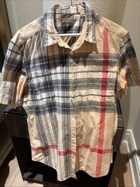 Burberry Beige Plaid Short-Sleeve Polo with Navy and Red Accents